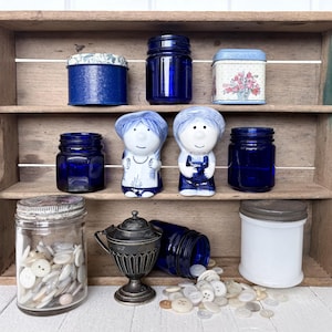 Collection of Vintage Knick Knacks: Blue Glass Jars, Tins, Mustard Pot, Salt & Pepper Shakers