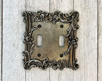 Antique Metal Dual (Two Toggle) Light Switch Cover, Vintage Floral Style, Old House Restoration Hardware