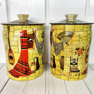 Set of 2 Vintage Mid-Century Tin Canisters, George Horner & Co. Toffee, Buttercup Yellow Retro Farmhouse Kitchen Counter Decor