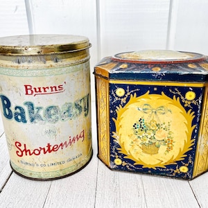 Set of 2 Vintage Tin Canisters, Bakeasy Shortening & Gray Dunn Biscuits, Buttercup Yellow and Navy, Primitive Farmhouse Kitchen Decor