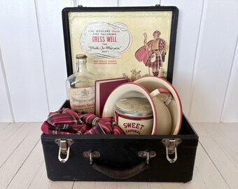 Zwarte vintage kleermaker reclameverkoper etui voor fijne wol