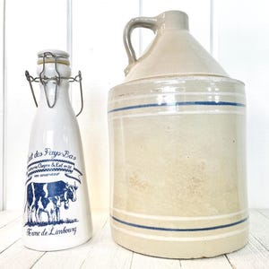 Jarro antigo da Toronto Pottery Company, Merchant Crock, listras bege, azul e branco, cerâmica vintage, decoração de fazenda primitiva