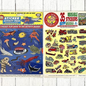 Set of 2 Vintage 1990's Okee Dokee Sticker Activity Pack & Board, Danger Squad, Transport Vehicles