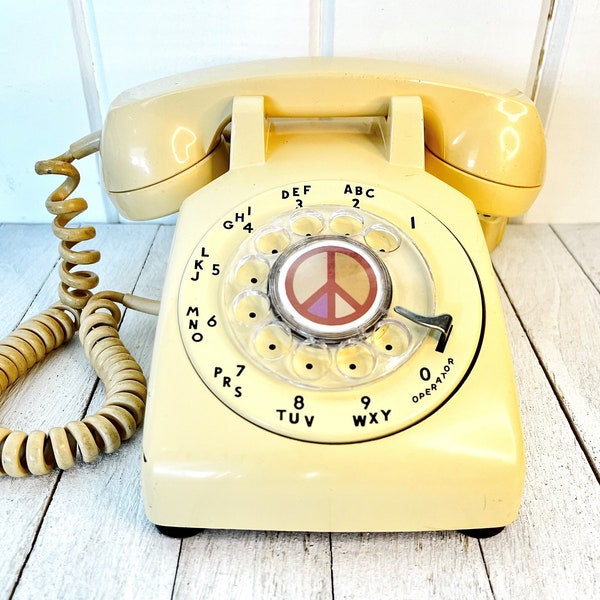 Vintage 1970's ITT Rotary Dial Telephone, Retro Off-White or Cream Tabletop Decor