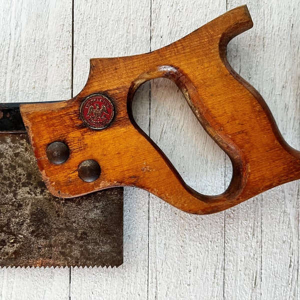 Antique Large Hand Saw, Rustic Wood Handles with Medallions, Industrial Style Decor, Woodworking Salvage Hardware