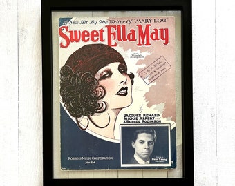 Antique 1928 'Sweet Ella May' Art Deco Sheet Music Ephemera, Flapper Girl, Navy and Red, Vintage Wall Decor