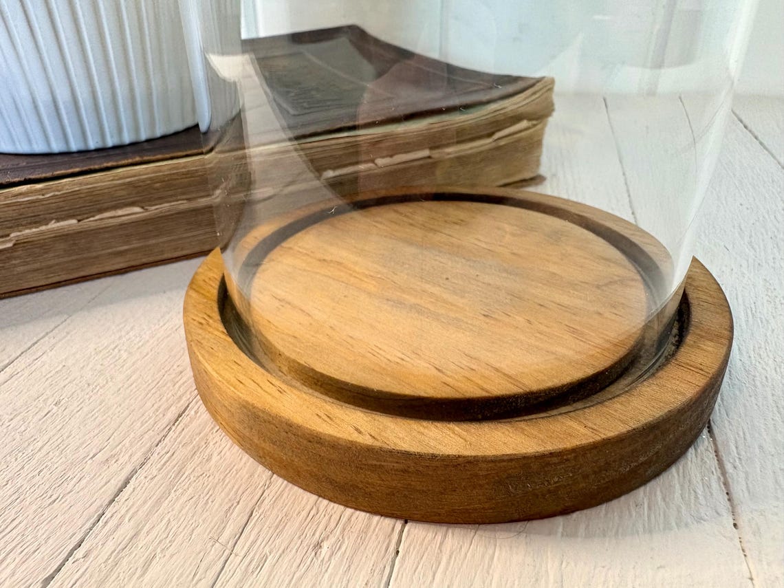 Vintage Glass Cloche Dome With Wood Base, Farmhouse Table Display Decor ...