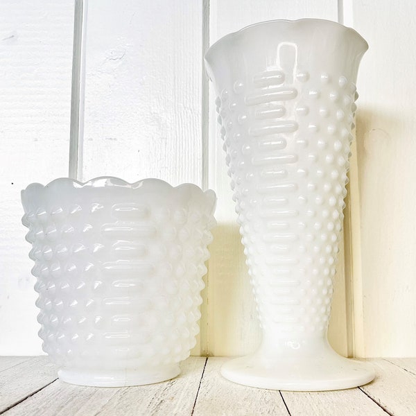 Vintage Mid-Century Milk Glass Planter & Vase, Hobnail Pattern and Scalloped Edge, Shabby Chic Cottage, White Farmhouse Kitchen Decor