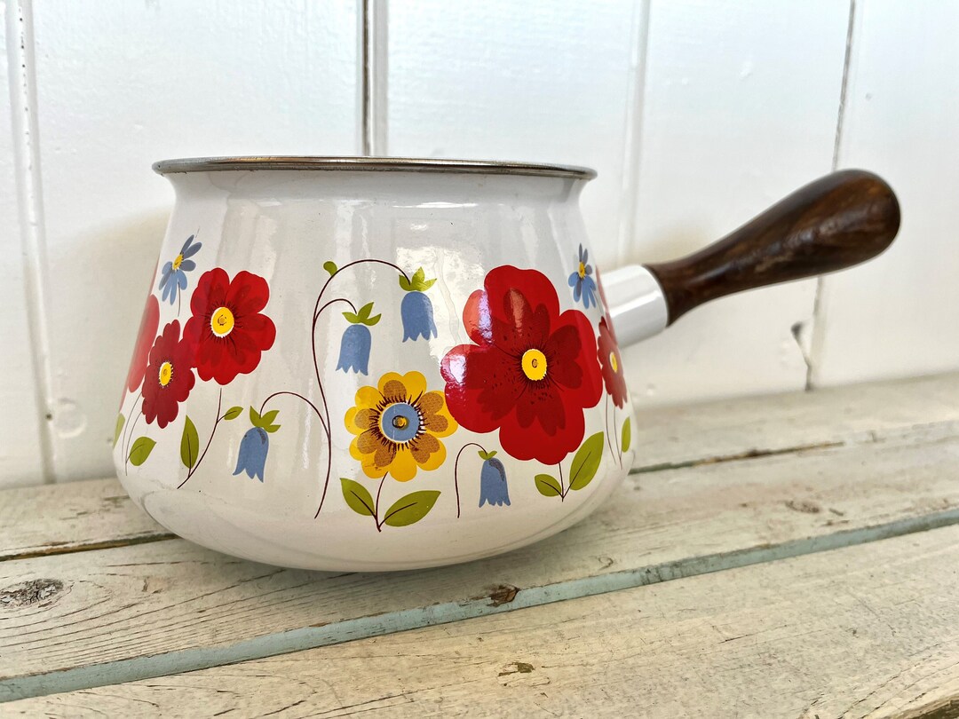 Antique Enamel Pot With Poppy Flower Design and Dark Wood Etsy