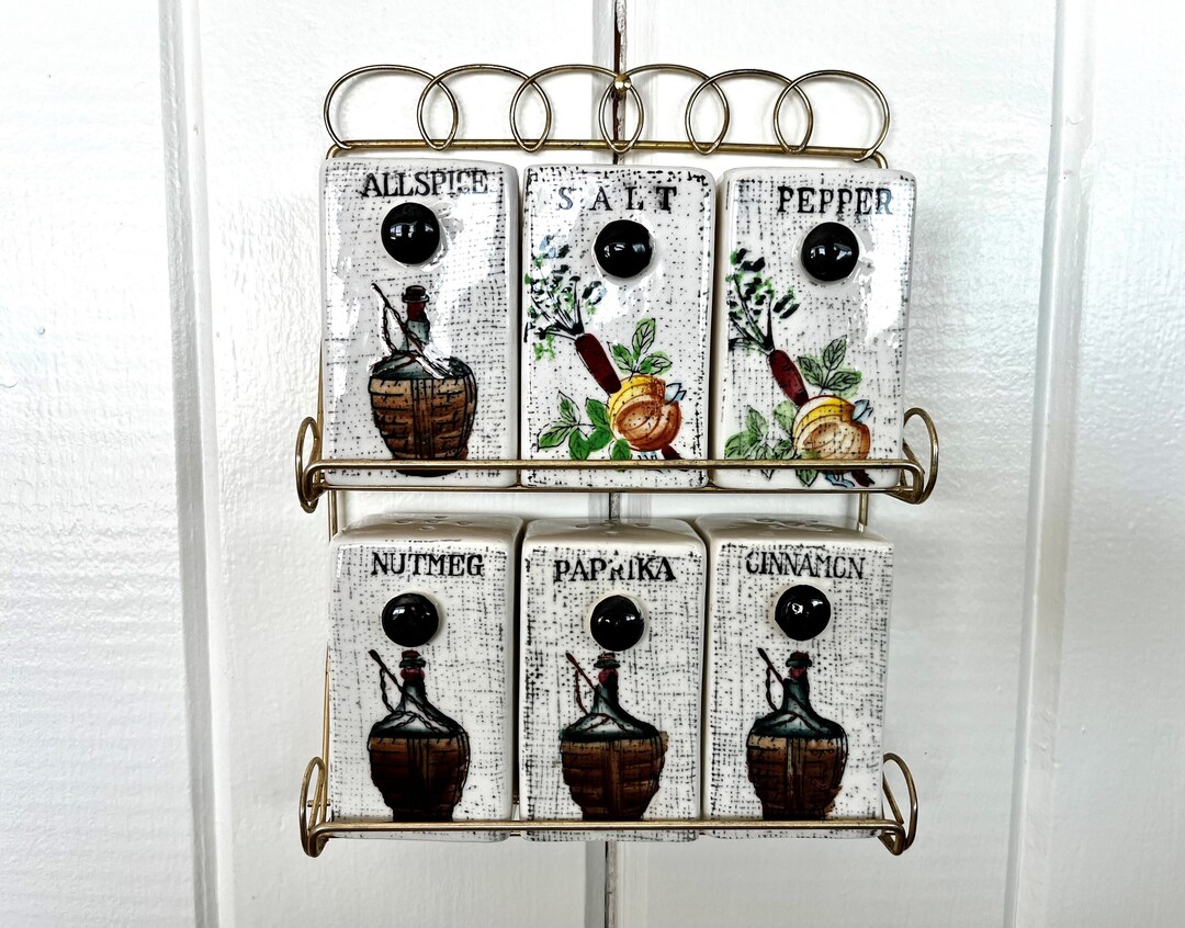 Vintage 1950's Farmhouse Spice Rack With Ceramic Spice Jars Salt
