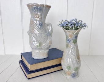 Set of 2 Vintage Mid-Century Ceramic Swan Iridescent Vases