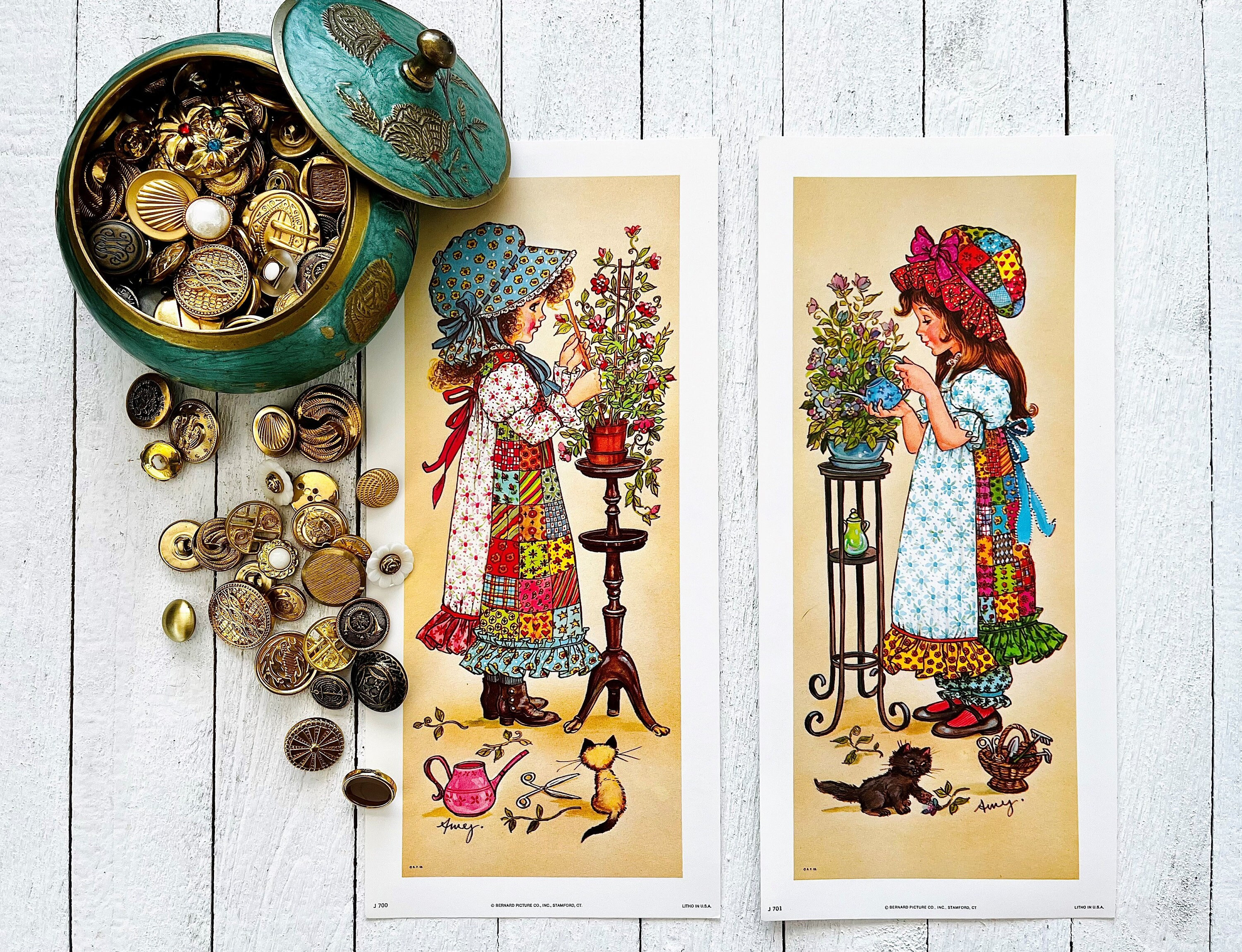 Set of 2 1960's 'Patchwork Girl' Lithograph Art Prints by Amy, Bernard Picture Co., Vintage Farmhouse Wall Decor