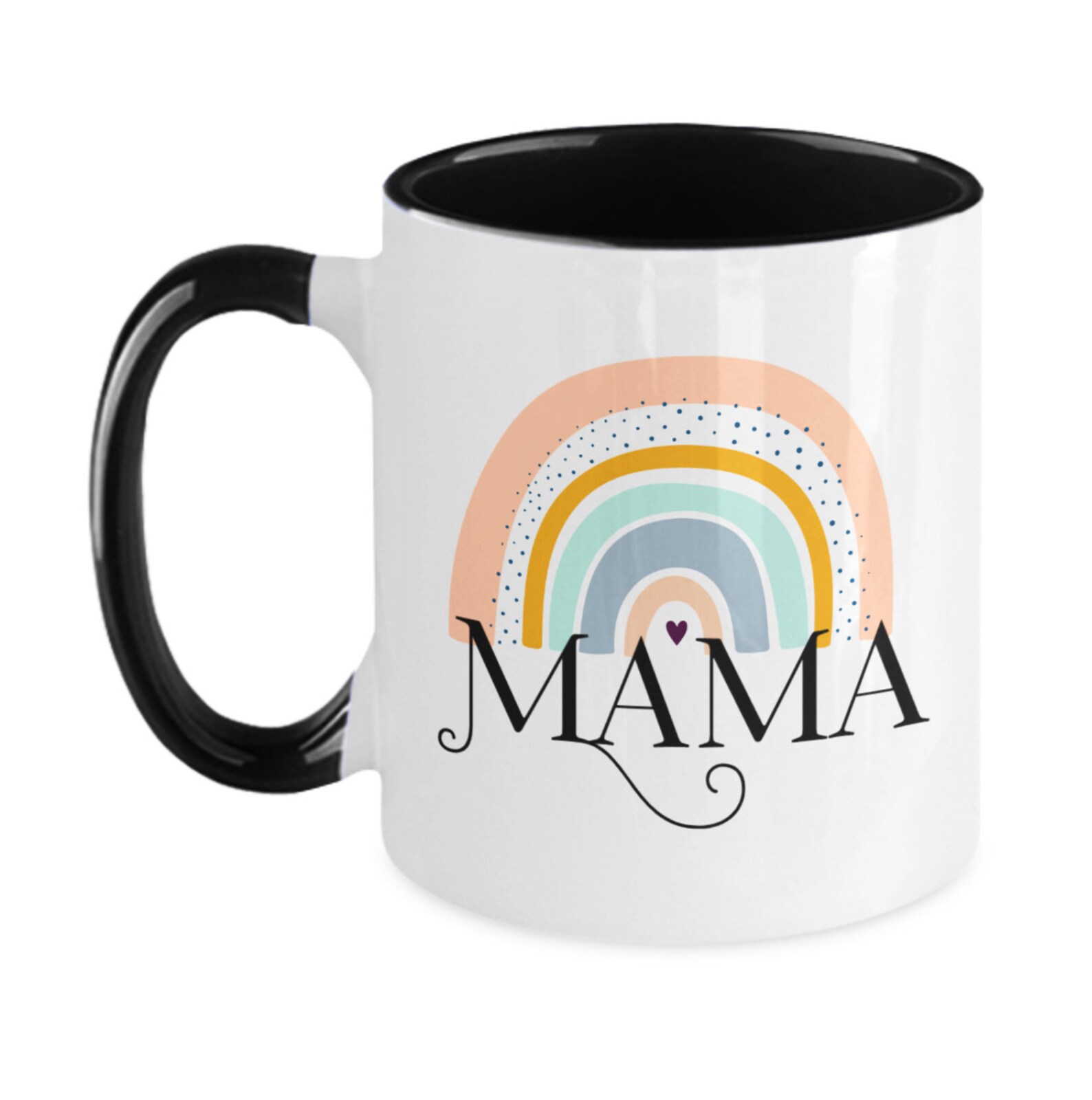 Ceramic Mama mug with cute rainbow print placed on both sides. Etsy