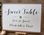 Sweet Table Wedding Party Sign A4 with wooden heart white ivory craft brown Rustic Vintage Barn Garden Boho theme decorative script print