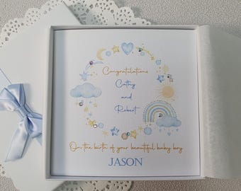Personalised New Baby Boy Handmade Congratulations Card with Keepsake Box for Baby Son Grandson Godson Nephew New Family Friends New Parents
