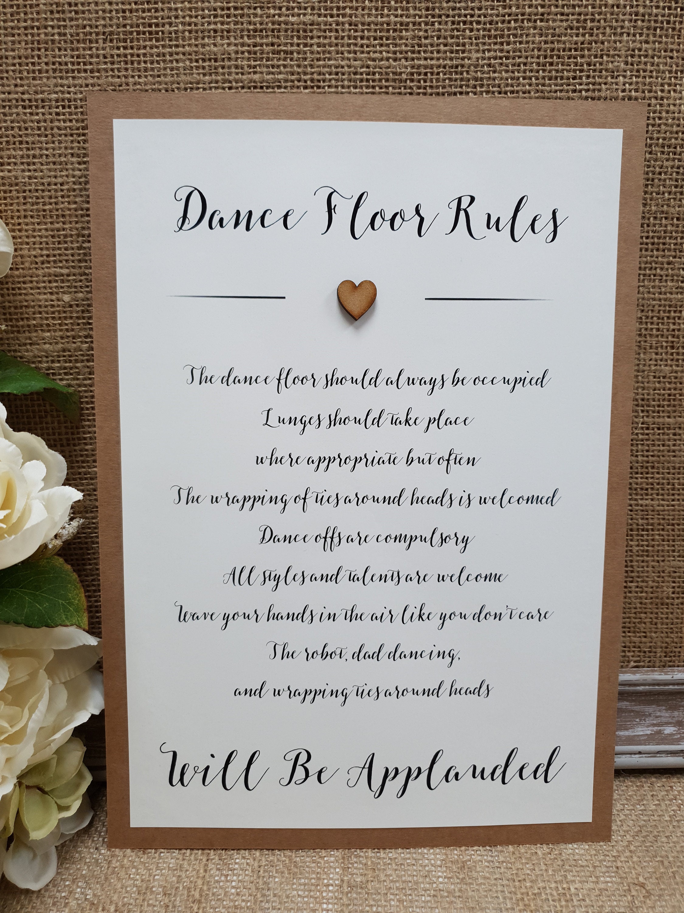 Dance Floor Rules Wedding Party Sign A4 with wooden heart Etsy