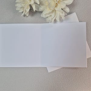 May include: A blank white card with a folded edge, ready for a message. The card is lying on a textured gray surface with white flowers in the background.