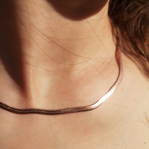 Lily Valentina - Rose gold 3mm wide copper plated herringbone snake flat waterproof tarnish-proof hypoallergenic necklace chain carat