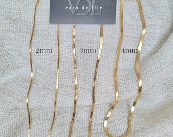 Lily Valentina - Gold 18k 4mm wide herringbone snake flat waterproof tarnish-proof hypoallergenic necklace chain carat