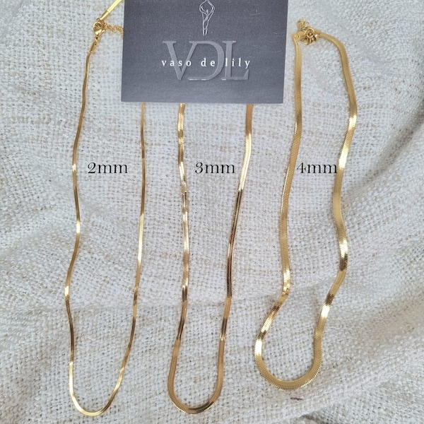 Lily Valentina - Gold 18k 4mm wide herringbone snake flat waterproof tarnish-proof hypoallergenic necklace chain carat