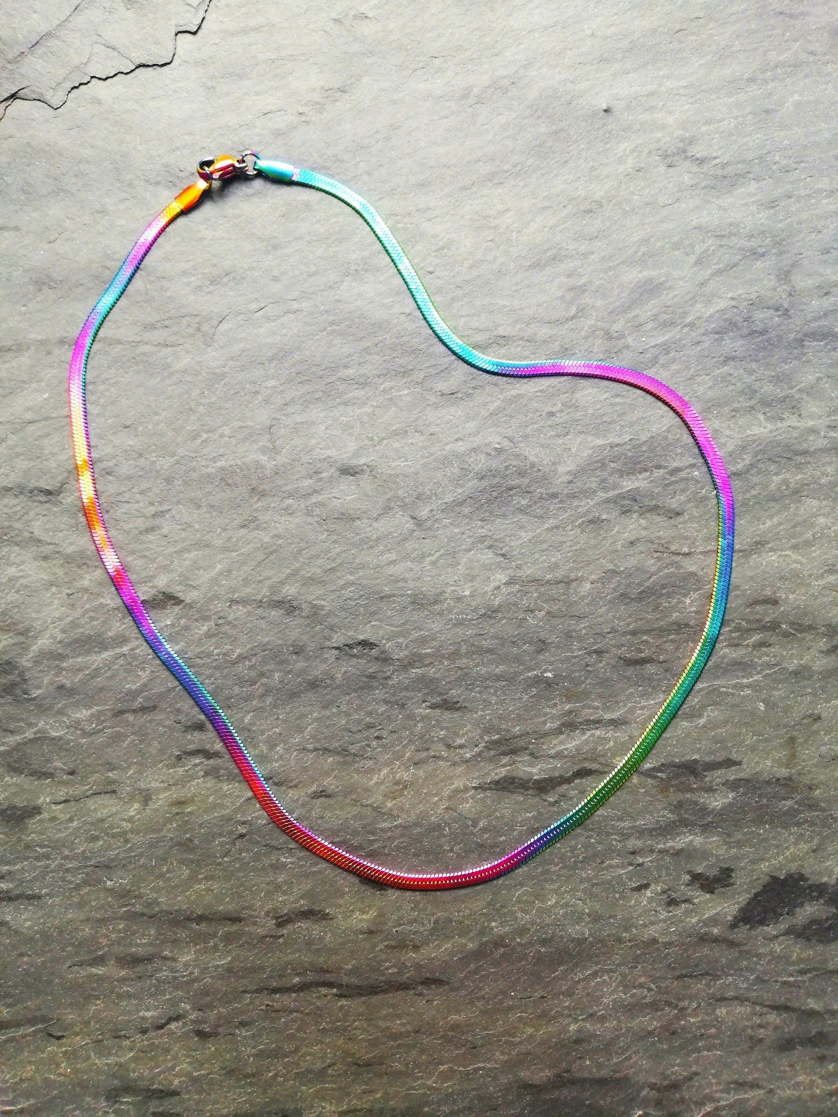 Lily Valentina - Rainbow holographic effect flat 3mm wide herringbone snake waterproof tarnish-proof hypoallergenic necklace chain carat