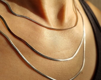 Lily Valentina - Silver 2mm wide herringbone snake flat waterproof tarnish-proof hypoallergenic necklace chain