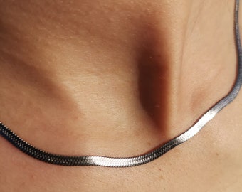 Lily Valentina - Silver plated 3mm wide herringbone snake flat waterproof tarnish-proof hypoallergenic necklace chain