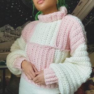 The Sarah Jumper Crochet Written PDF Pattern | Fold-Over Mockneck/Turtleneck Patchwork Sweater Pattern Download