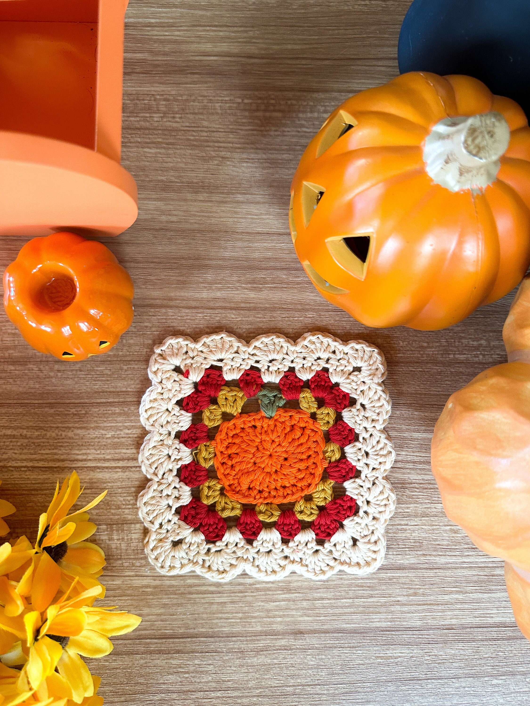 Pumpkin Mug Rug Crochet Pattern | Fall/Autumn Pumpkin Spice Latte Inspired Granny Square Coaster | Digital PDF Download | Beginner-Friendly