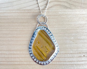 Yellow patterned rare sea glass necklace. Genuine yellow sea glass pendant. Sterling silver necklace. Sea glass jewelry