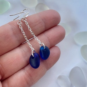 Sea Glass Earrings Elegant Antique Style Cobalt Blue & Silver Long Teardrops 