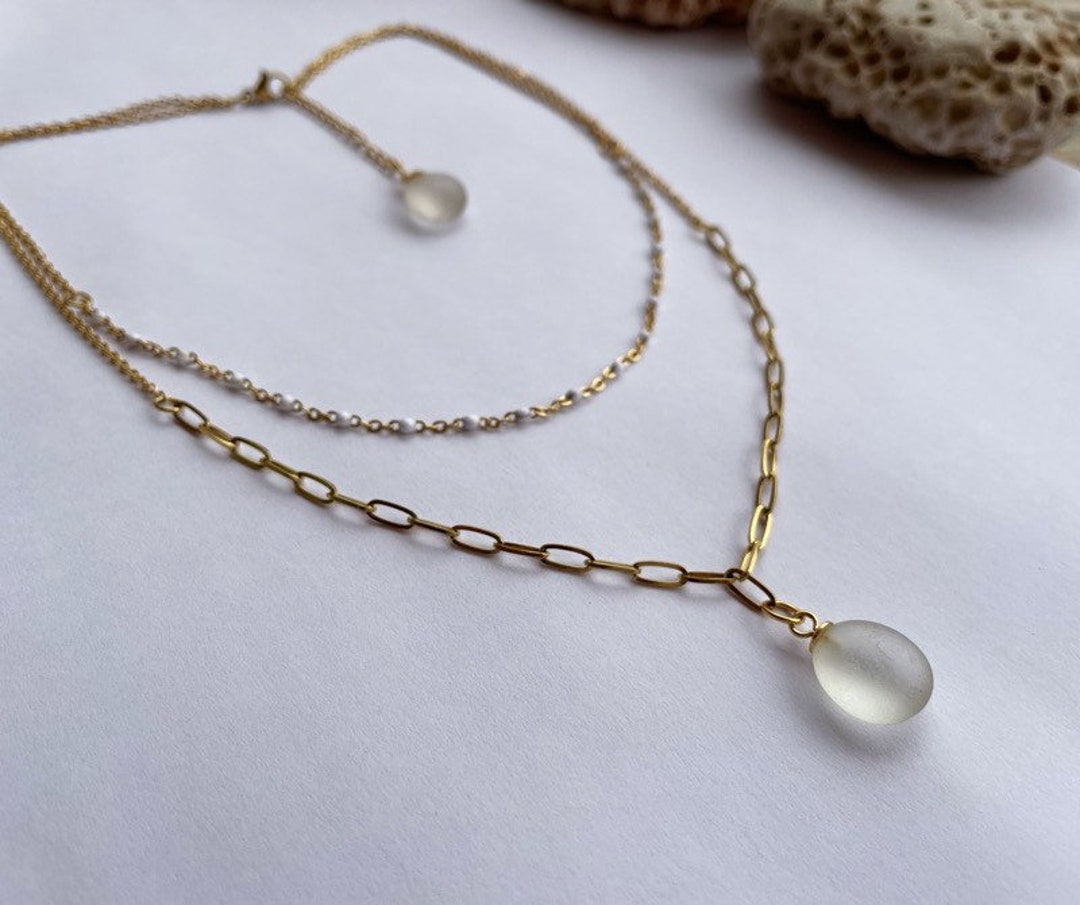 Golden Silver Sea Glass Necklace. Two Row Beaded Chain and Paper Clip ...