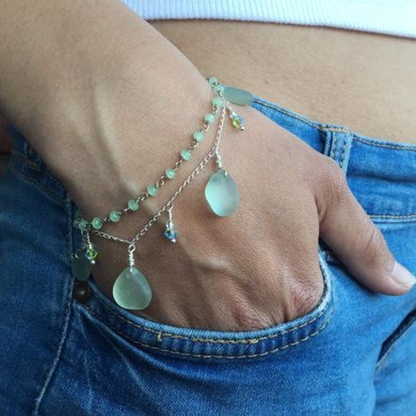 Genuine sea glass bracelet. Sterling silver bracelet, chalcedony generosity chain bracelet with Swarovski beads. Be glass jewelry.