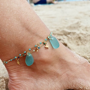 Be glass anklet. Golden sterling silver beach glass anklet. Be glass jewelry. Silver adjustable anklet