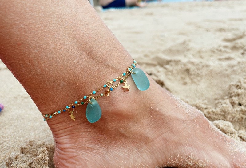 dinaseaglass Be Glass Anklet. Golden Sterling Silver Beach Glass Anklet. Be Glass Jewelry. Silver Adjustable Anklet