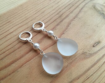 Sea Glass Earrings Sterling Genuine Sea Glass and Pearl