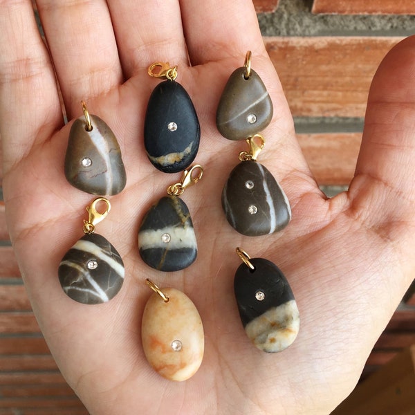 Natural pebble charms. Diamond gold charms for necklaces. Beach stones charms for necklace. Natural stone pendant charm