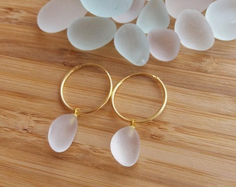 Hoop sea glass earrings. Golden sterling silver hoop beach glass earrings.