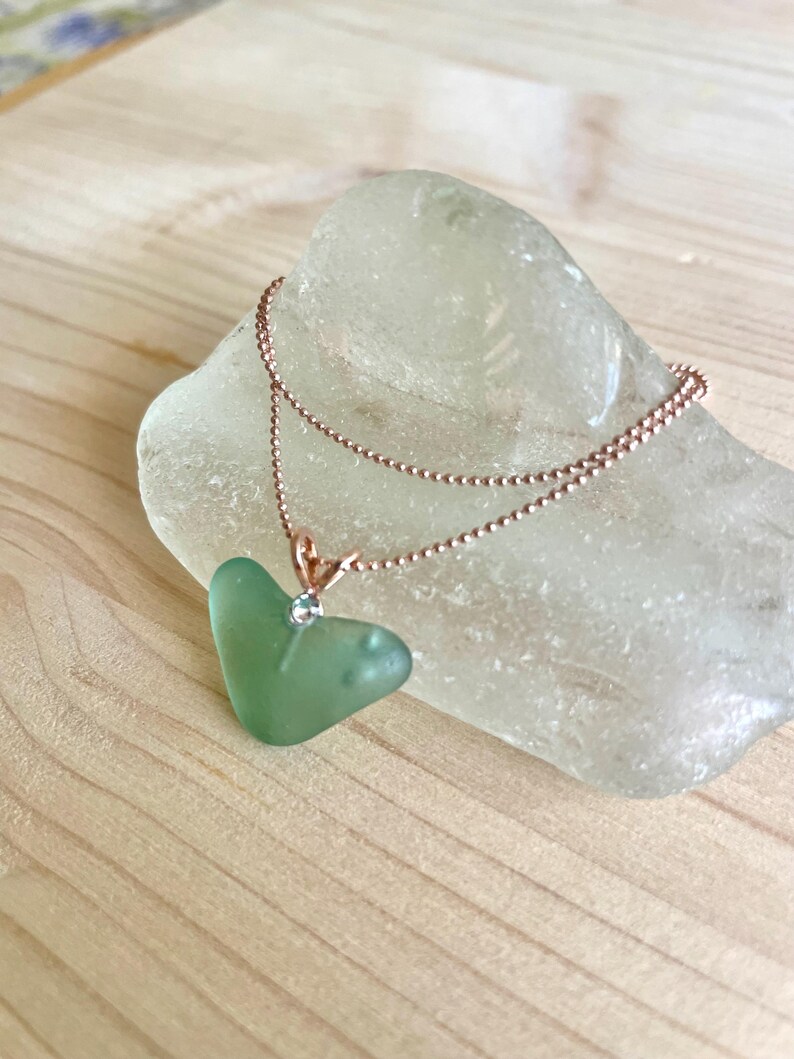 Heart Sea Glass Pendant. Rose Gold Sterling Silver Teal Beach Glass