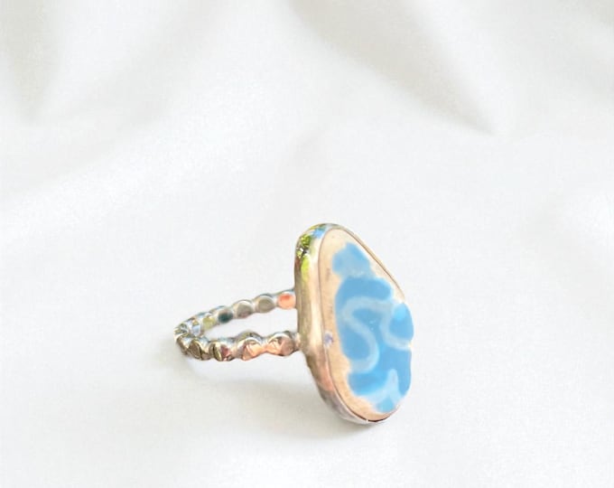 Genuine Spanish sea pottery ring. Adjustable sterling silver ring. Beach pottery statement silver ring. Beach glass jewelry.