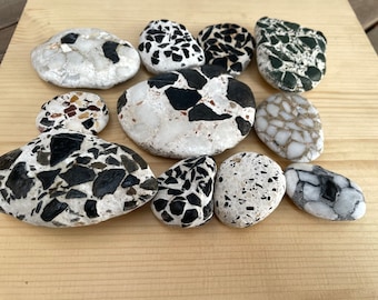 Spanish sea terrazzo tiles collection. Decoratives sea terrazzo tiles. Surf tumbled sea ceramics, beach pottery tile shards. Vintage pottery.