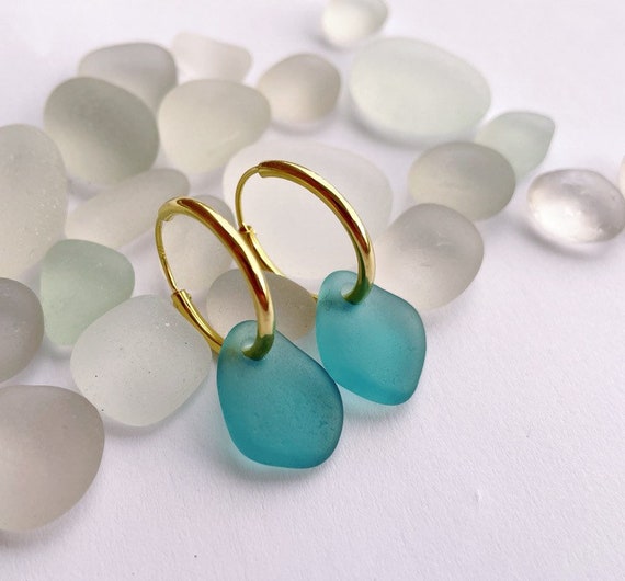 Hoop Sea Glass Teal Blue Sea Golden Silver Hoop