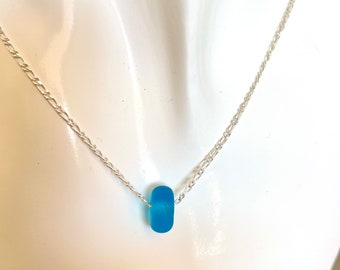 Sea glass bead choker. Sterling silver turquoise sea glass bead pendant. Turquoise sea glass necklace.