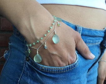Genuine sea glass bracelet. Sterling silver bracelet, chalcedony generosity chain bracelet with Swarovski beads. Be glass jewelry.