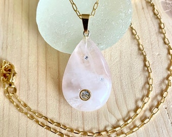 White quartz pendant. Gold plated Sterling silver white quartz necklace. Diamond necklace