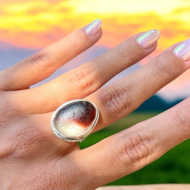 Rare multi sea glass ring. Statement ring. Sterling silver ring. Beach glass silver ring. Beach glass jewelry.