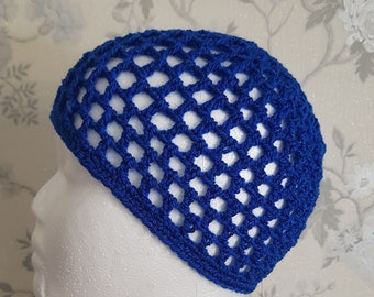 Hand crochet skull cap, crochet abba hat, hen party hat, bridal party, gift for friend, 7th anniversary, gift for her, blue abba hat, retro
