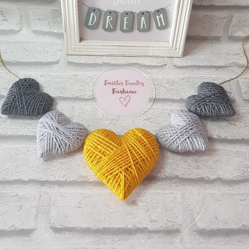 Mustard yellow decor, mustard and grey wall art, heart garland, ornaments, heart wall art, wool gift, 7th anniversary gift, christmas gift