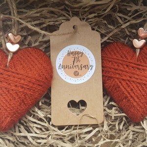 Keepsake 7th wedding anniversary wool and copper hanging heart decoration, car, rustic, unique gift, knitters gift, birthday, mothers day image 2