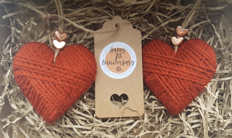 Keepsake 7th wedding anniversary wool and copper hanging heart decoration, car, rustic, unique gift, knitters gift, birthday, mothers day image 2